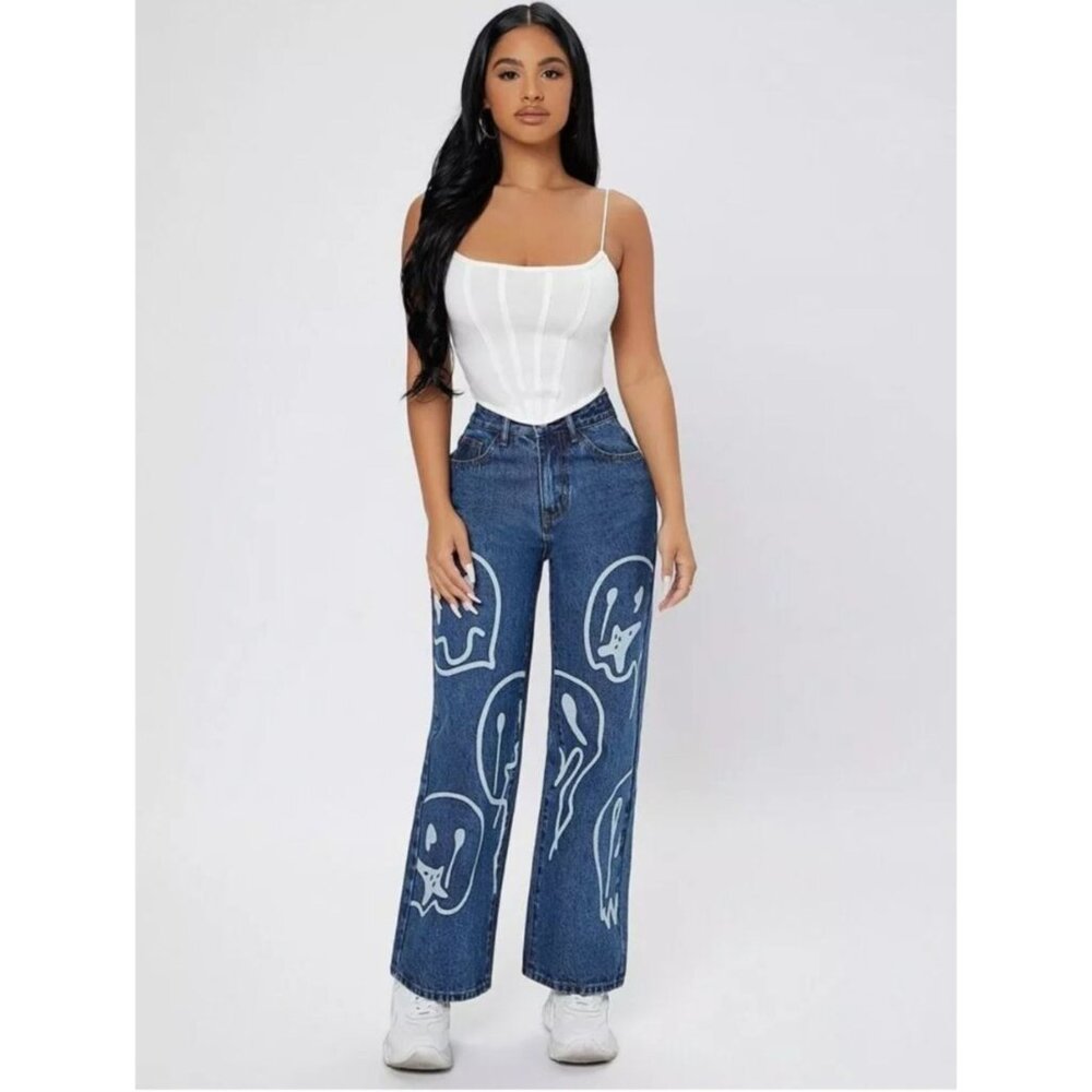 Psychedelic skater wide leg high rise melting smiley face graphic jeans size m
